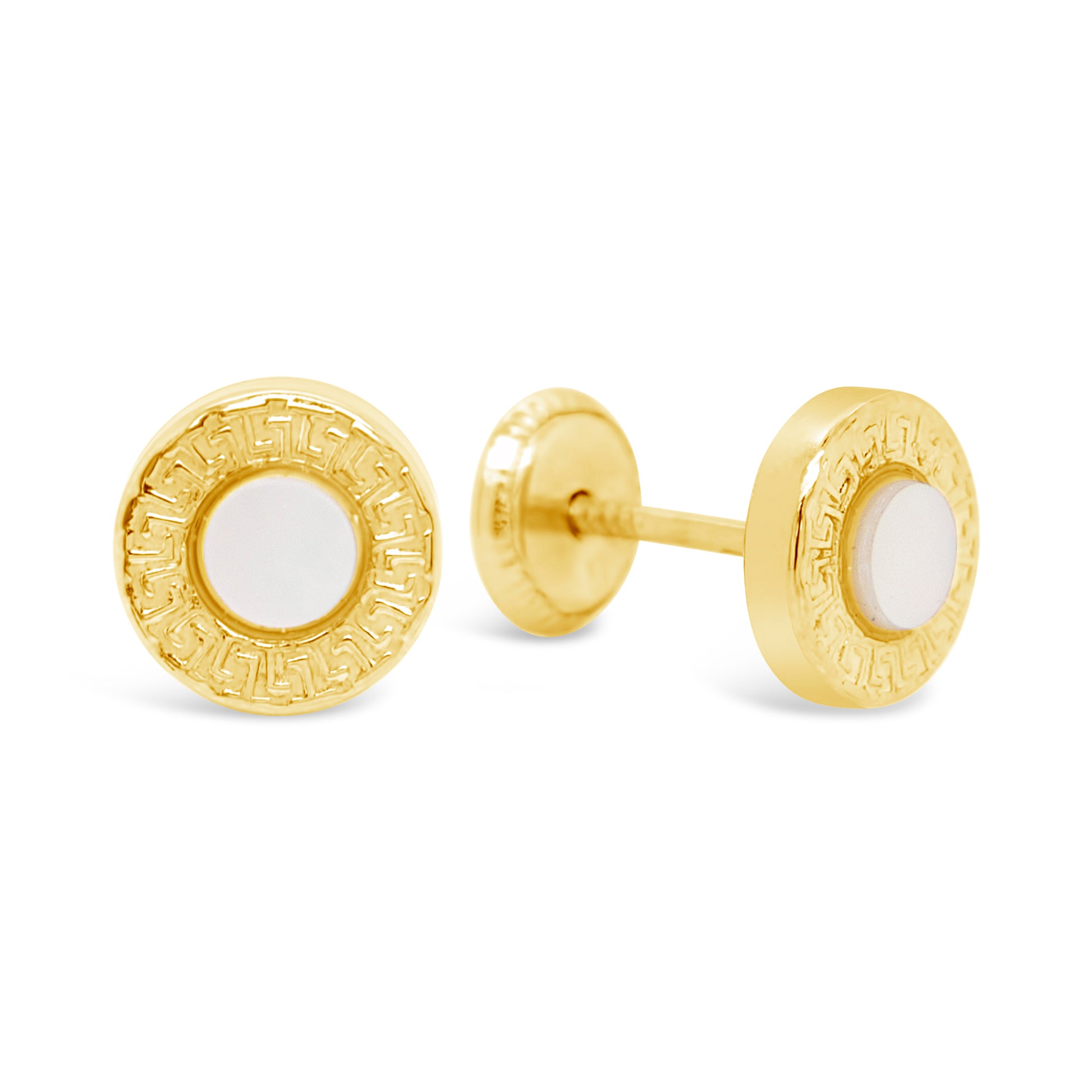 14K Yellow Gold Pearl Greek Disc Screwback Earrings