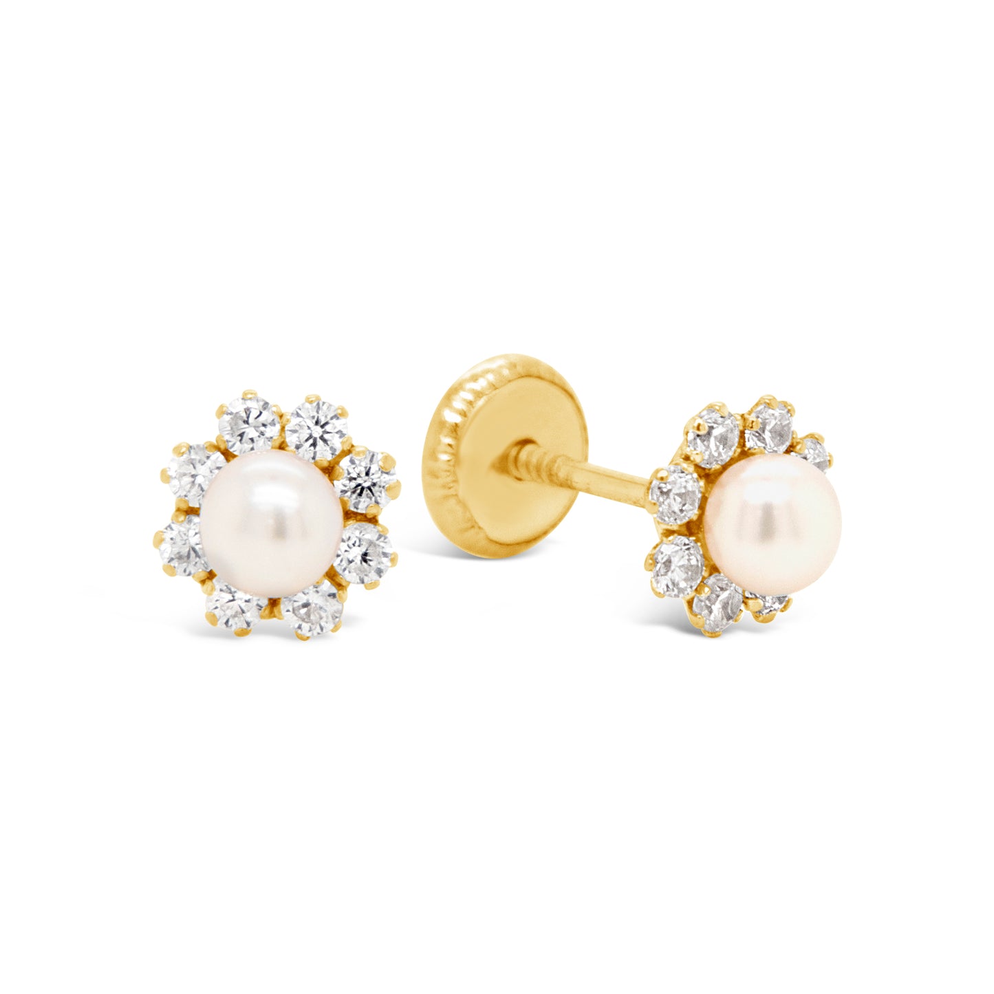 14K Yellow Gold Small CZ Flower with Pearl Center Screwback Earrings