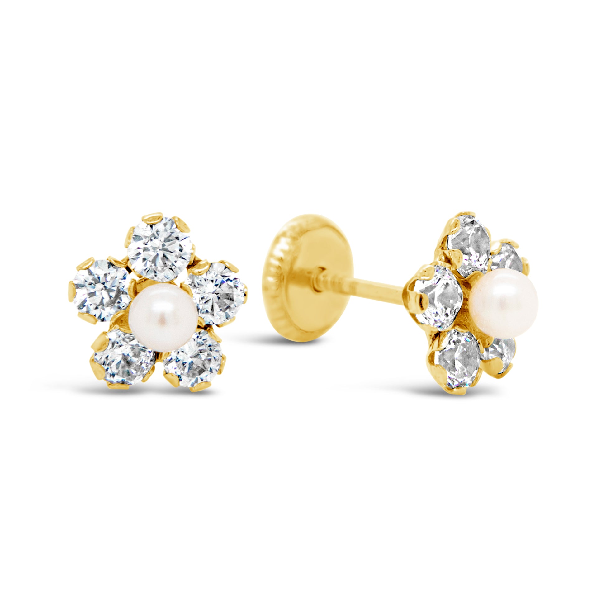 14K Yellow Gold Medium CZ Flower with Pearl Center Screwback Earrings-1