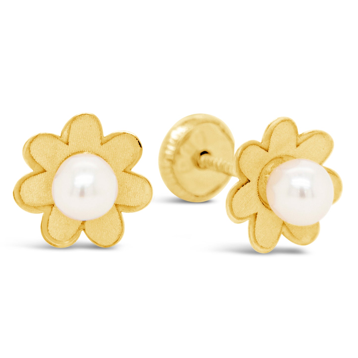 14K Yellow Gold Large Daisy with Pearl Center Screwback Earrings