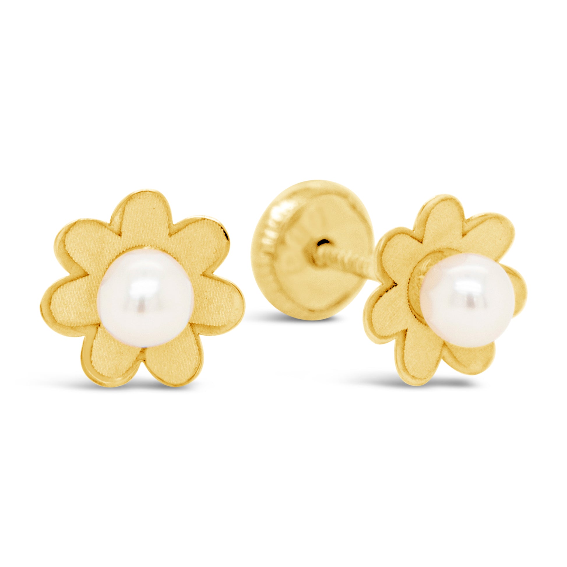 14K Yellow Gold Medium Daisy with Pearl Center Screwback Earrings