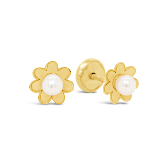 14K Yellow Gold Small Daisy with Pearl Center Screwback Earrings