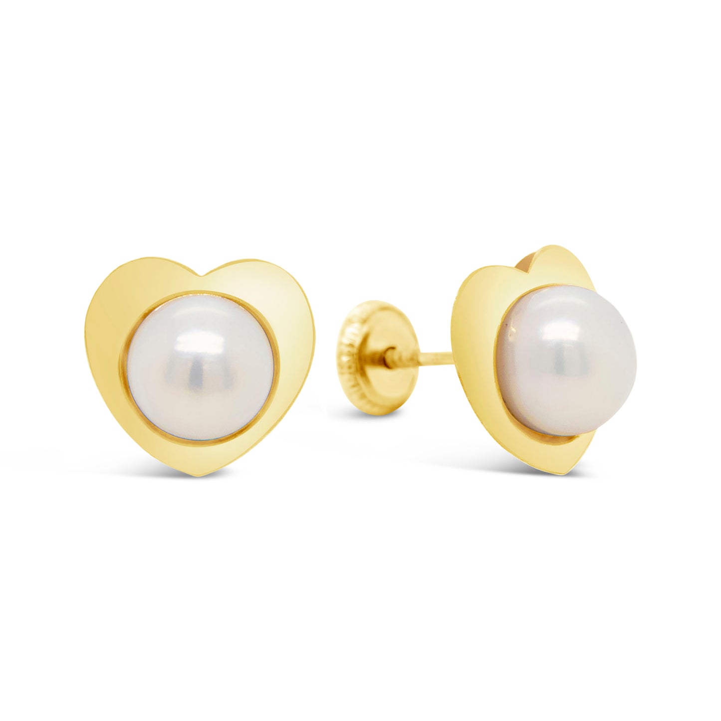 14K Yellow Gold Small Heart with Pearl Center Pushback Earrings