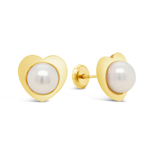 14K Yellow Gold Small Heart with Pearl Center Screwback Earrings