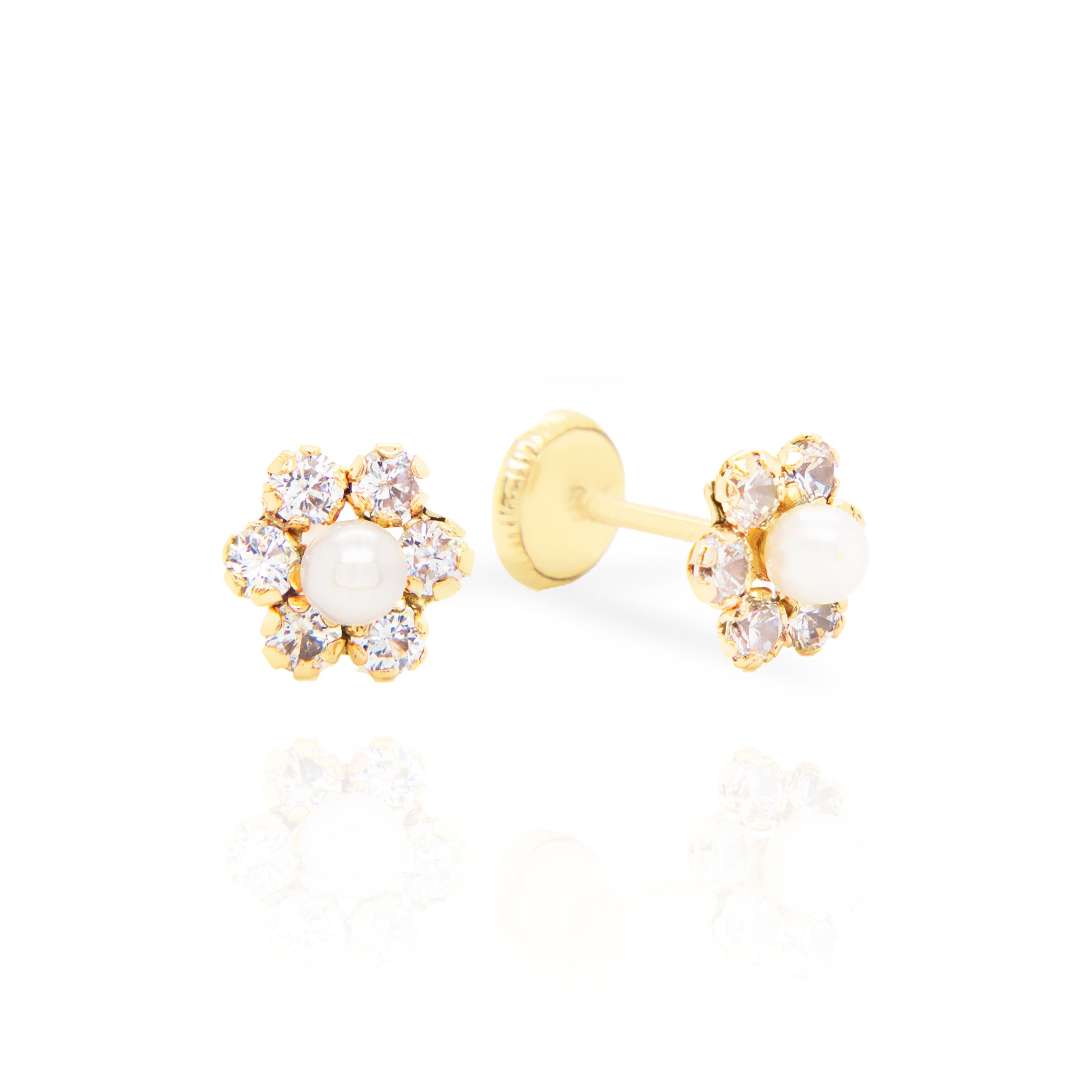 14K Yellow Gold CZ Flower with Pearl Center Screwback Earrings