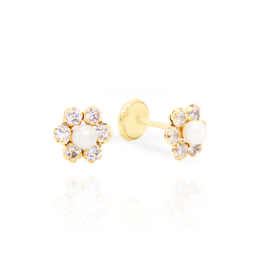 14K Yellow Gold CZ Flower with Pearl Center Screwback Earrings