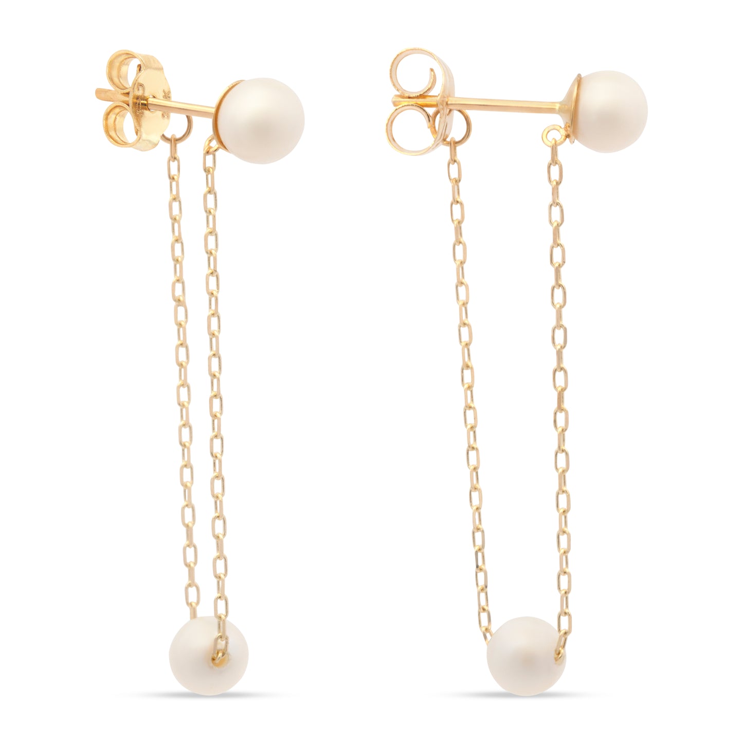 14K Yellow Gold Double Pearl Dangling Chain Drop Earrings