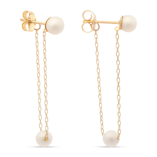 14K Yellow Gold Double Pearl Dangling Chain Drop Earrings