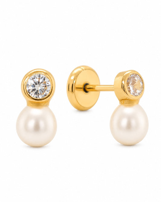 14K Yellow Gold 2mm White CZ with Pearl Screwback Earrings