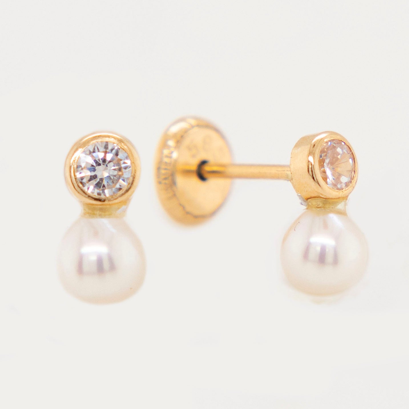 14K Yellow Gold 2mm White CZ with Pearl Screwback Earrings
