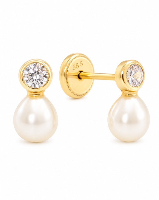 14K Yellow Gold 4mm White CZ with Mother of Pearl Screwback Earrings