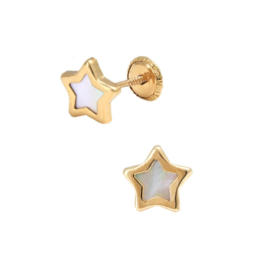 14K Yellow Gold Large Mother of Pearl Star Screwback Earrings-1
