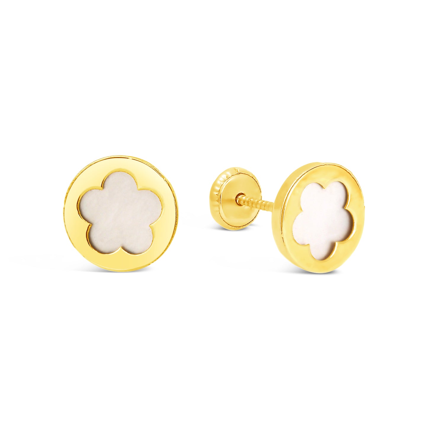 14K Yellow Gold Mother of Pearl Round Flower Screwback Earrings