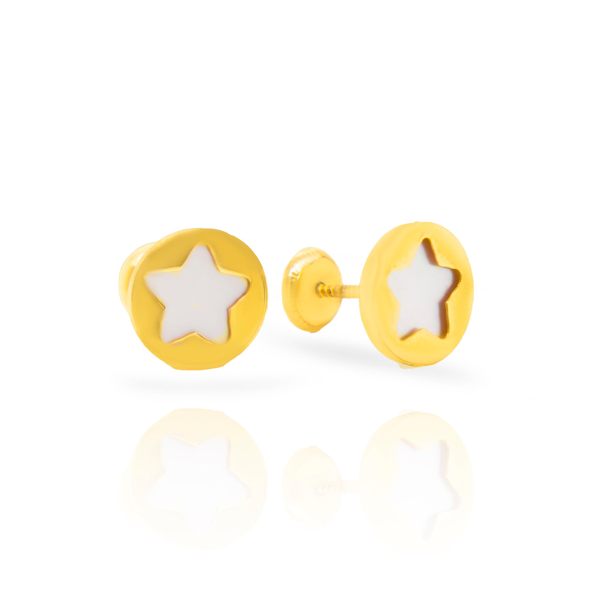 14K Yellow Gold Mother of Pearl Polished Round Star Screwback Earrings