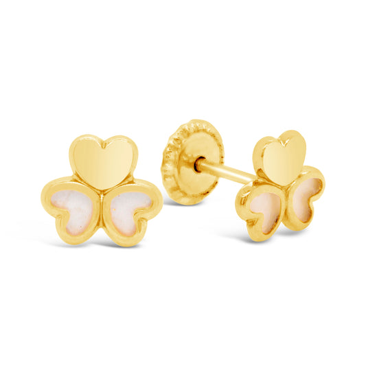 14K Yellow Gold Mother of Pearl Three-Leaf Clover Screwback Earrings