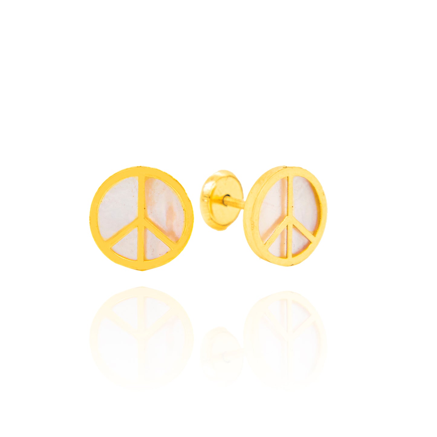 14K Yellow Gold Large Mother of Pearl Round Peace Sign Screwback Earrings