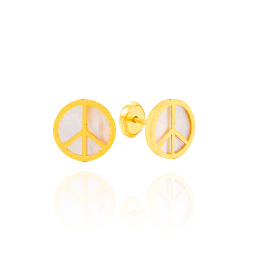 14K Yellow Gold Large Mother of Pearl Round Peace Sign Screwback Earrings