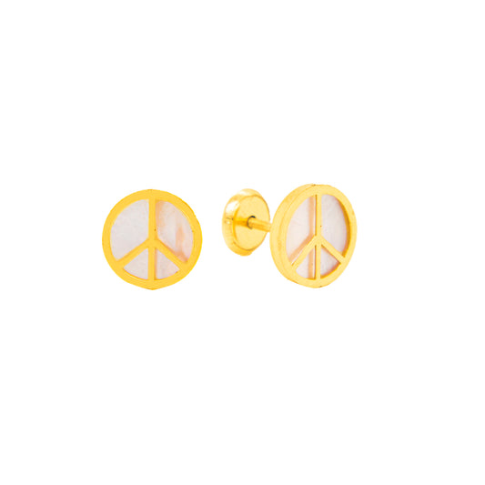 14K Yellow Gold Medium Mother of Pearl Round Peace Sign Screwback Earrings