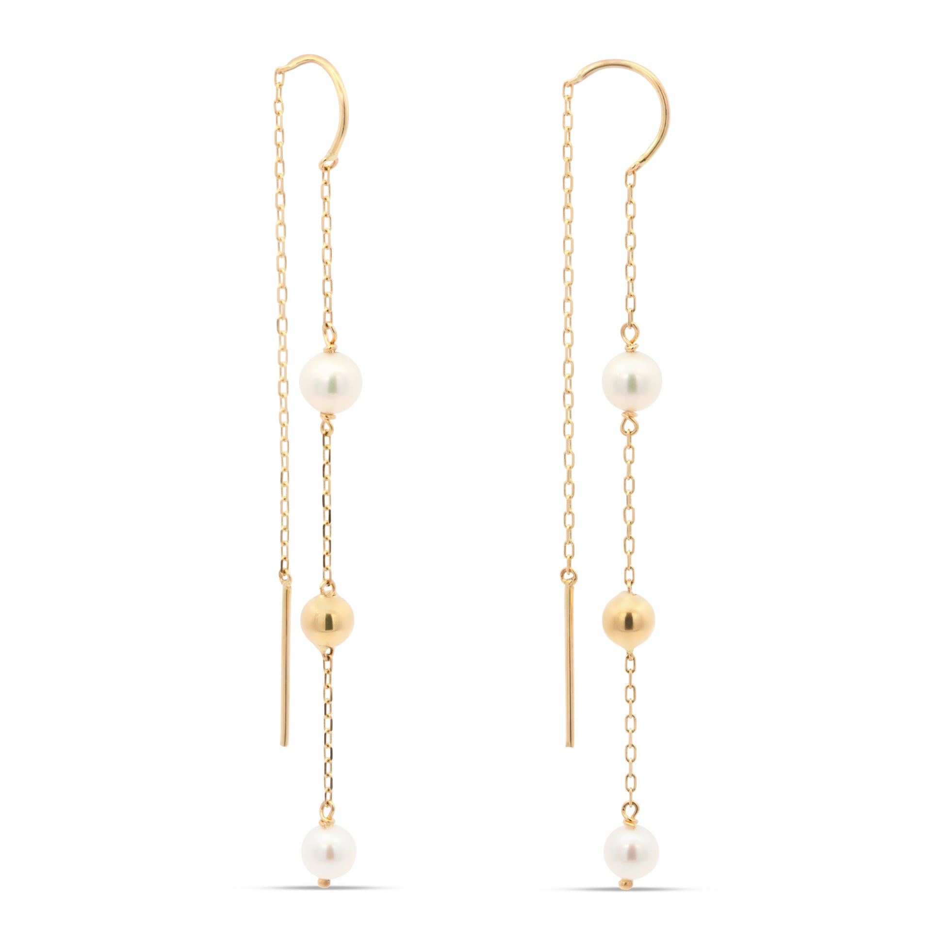 14K Yellow Gold Pearl Dangling Drop Threader Earrings