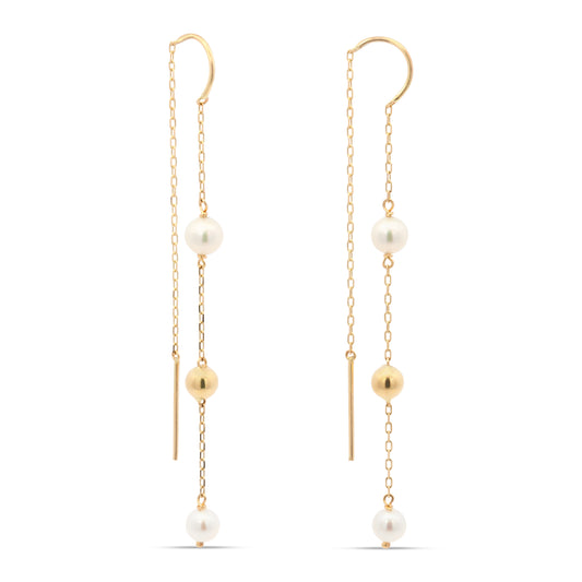 14K Yellow Gold Pearl Dangling Drop Threader Earrings