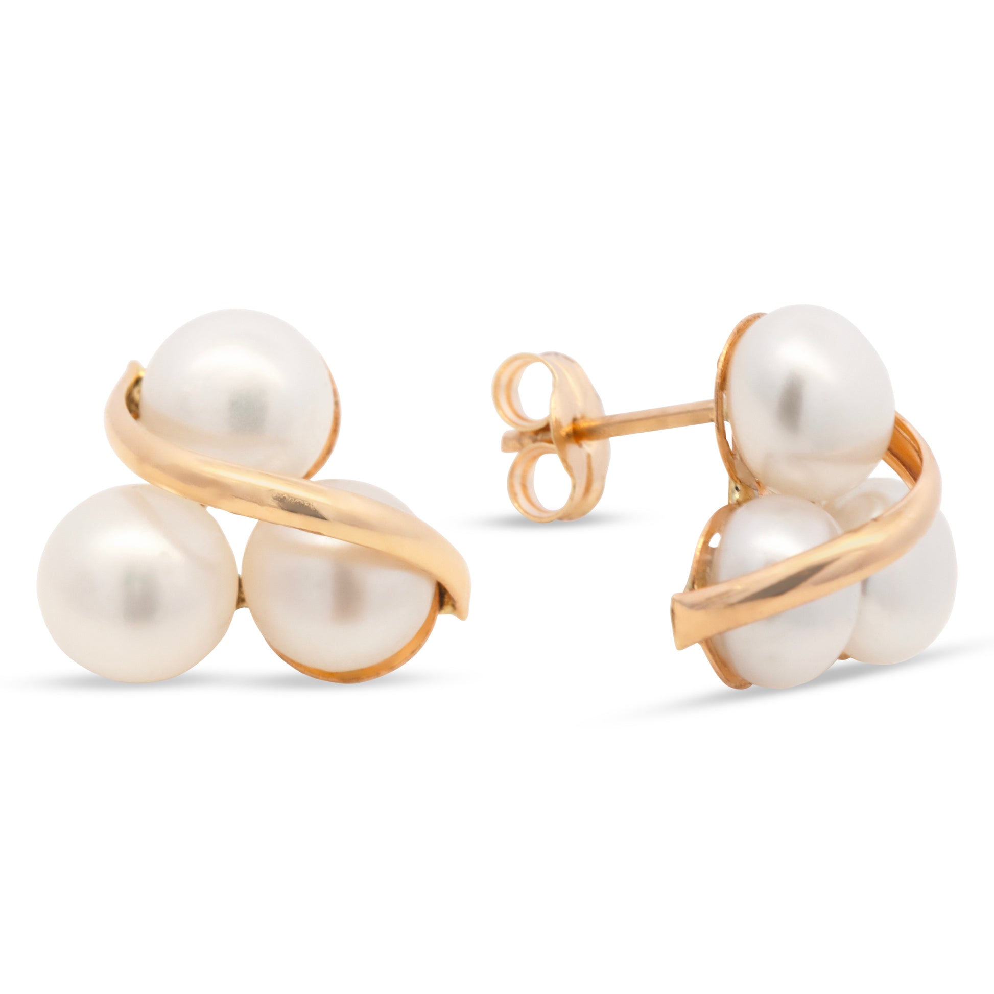 14K Yellow Gold Abstract Triple Pearl Cluster Pushback Earrings