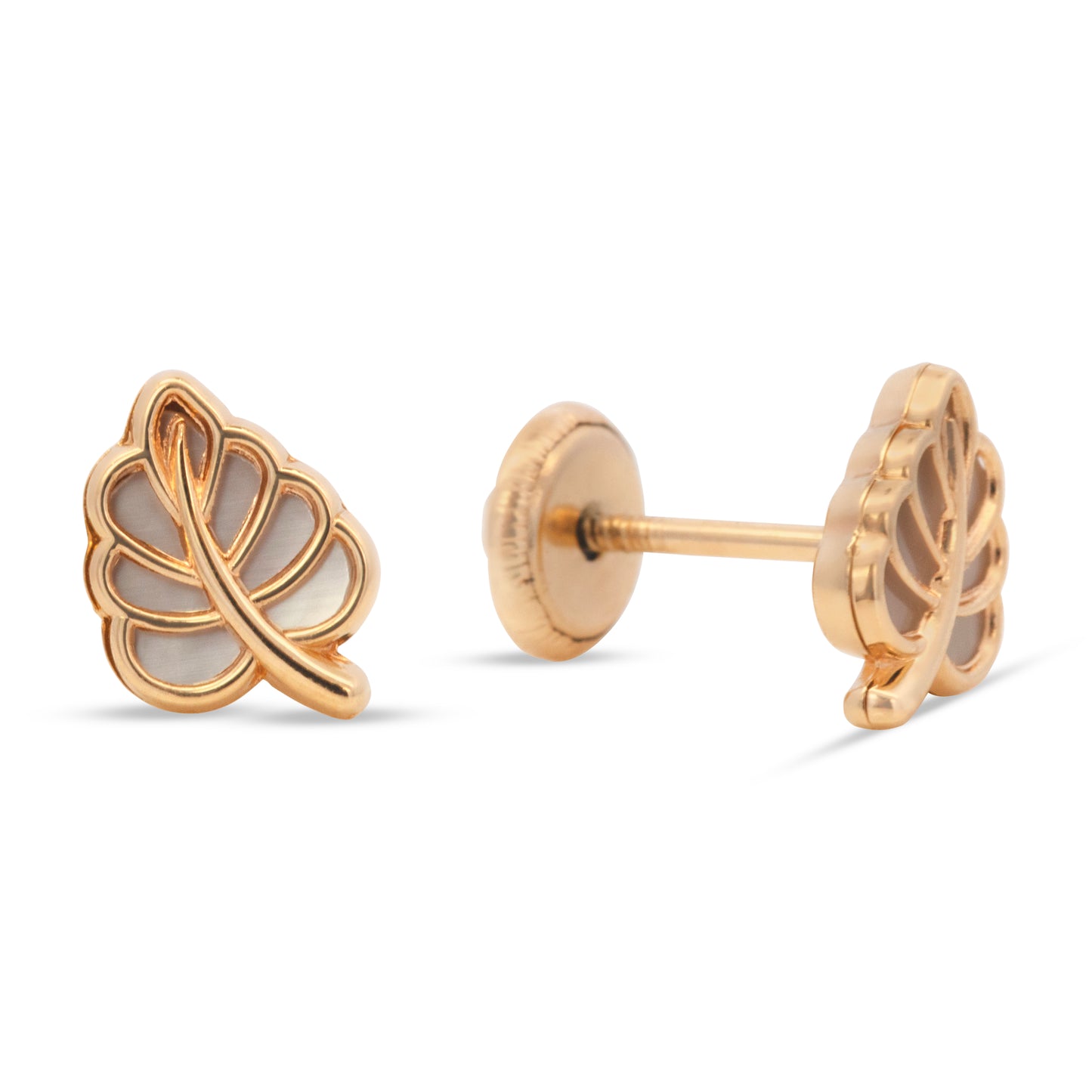 14K Yellow Gold Mother of Pearl Leaf Screwback Earrings