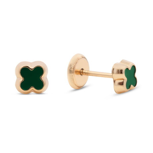 14K Yellow Gold Small Malachite Clover Screwback Earrings