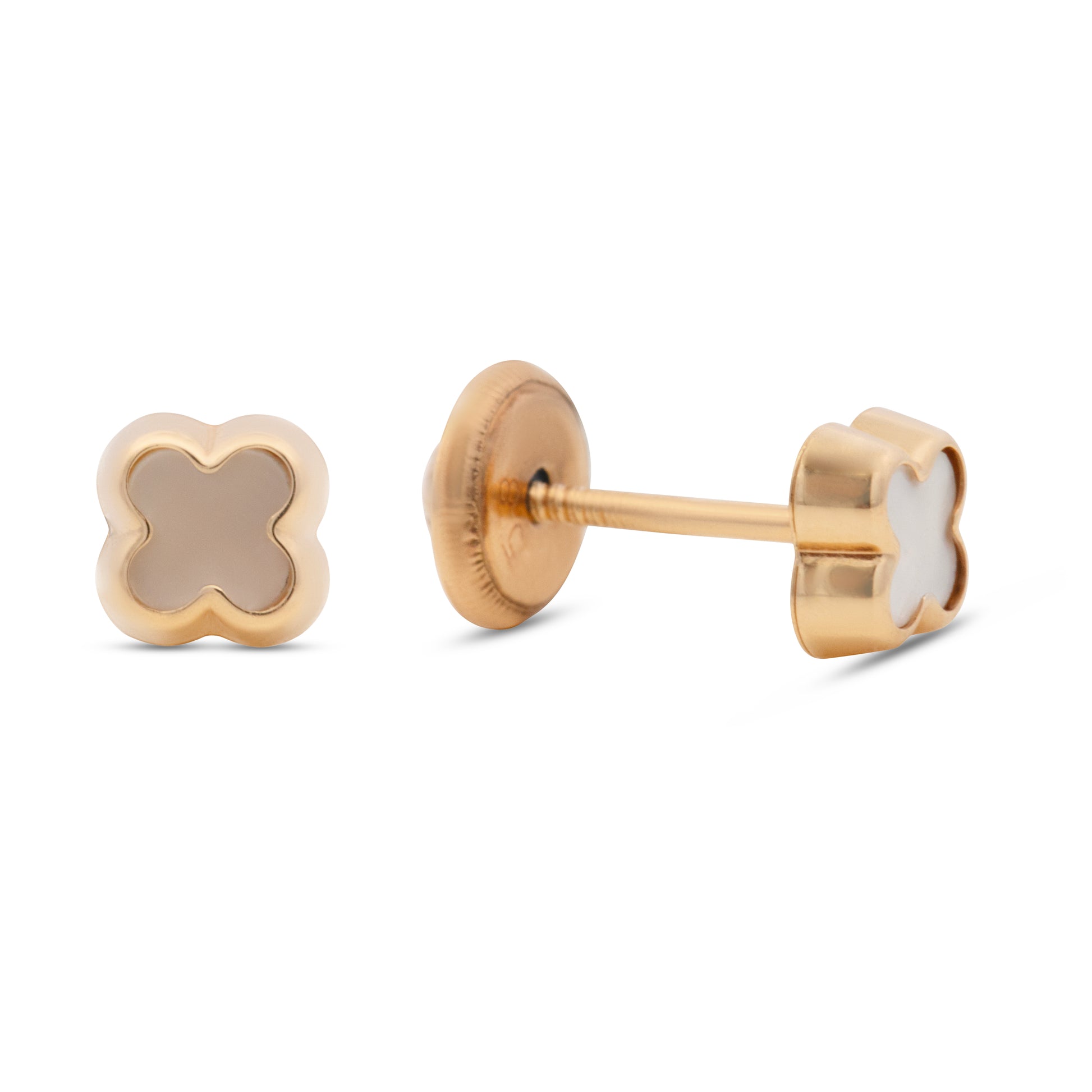 14K Yellow Gold Small Mother of Pearl Clover Screwback Earrings