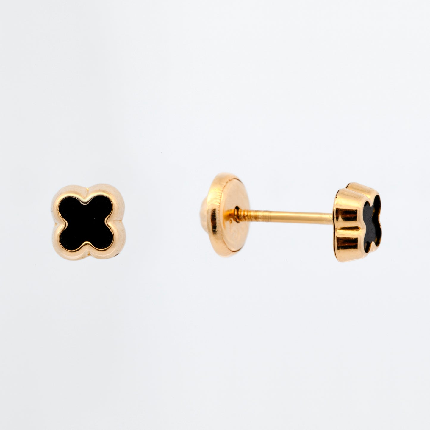 14K Yellow Gold Small Onyx Clover Screwback Earrings