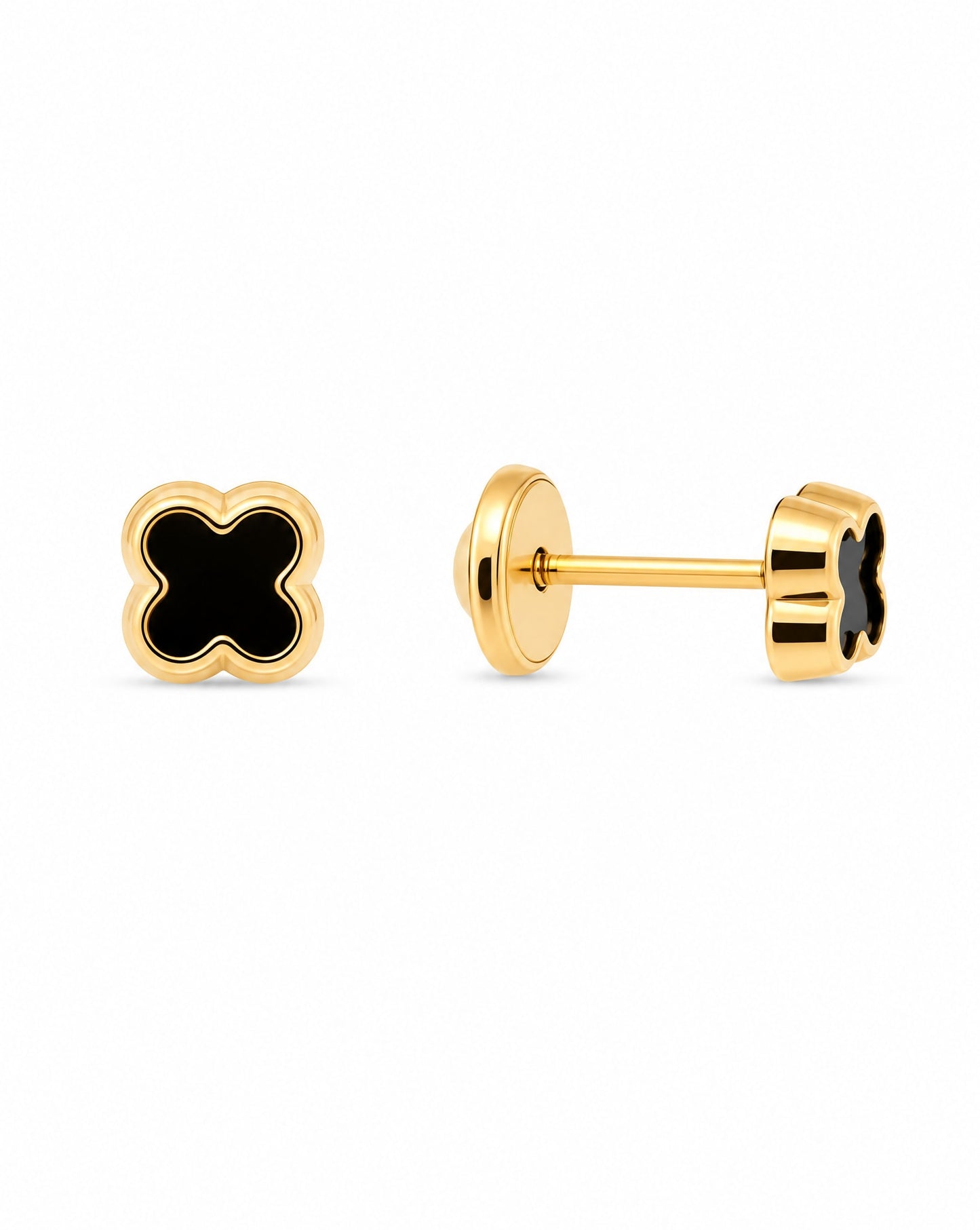 14K Yellow Gold Small Onyx Clover Screwback Earrings