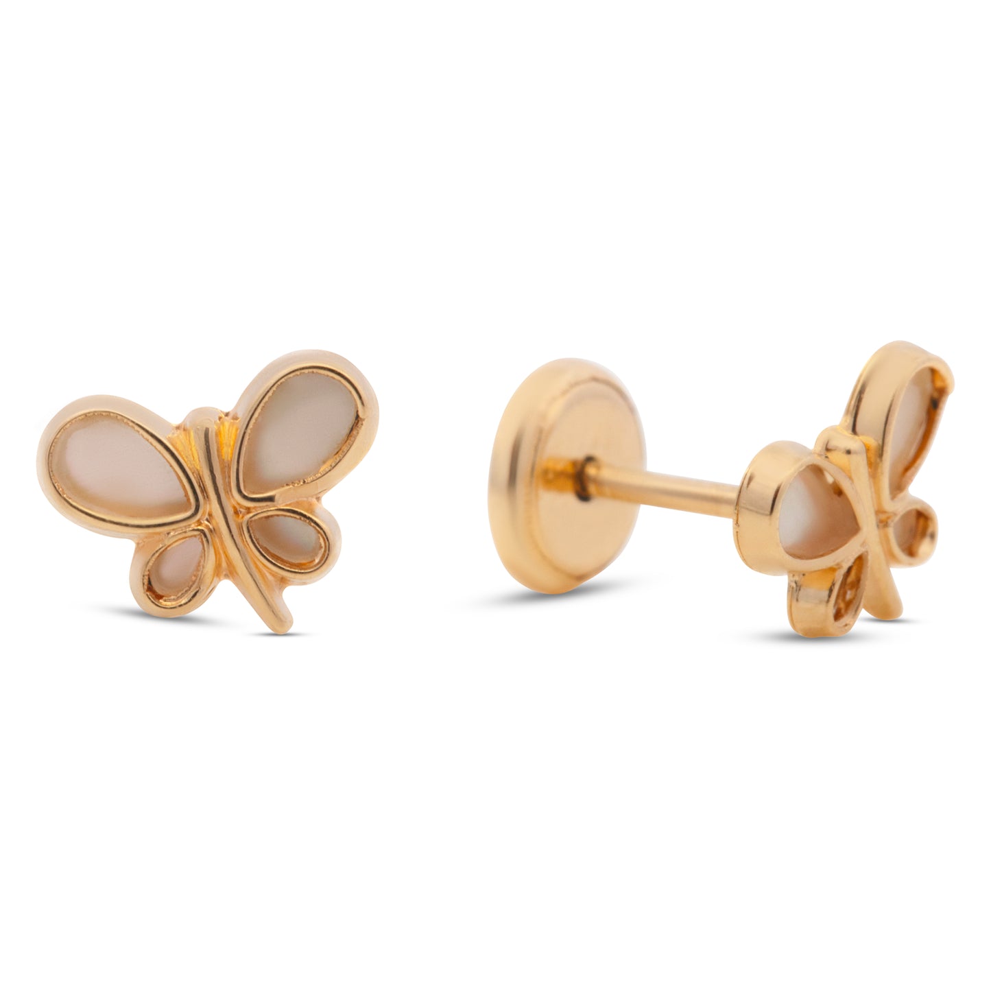14K Yellow Gold Mother of Pearl Tilted Butterfly Screwback Earrings