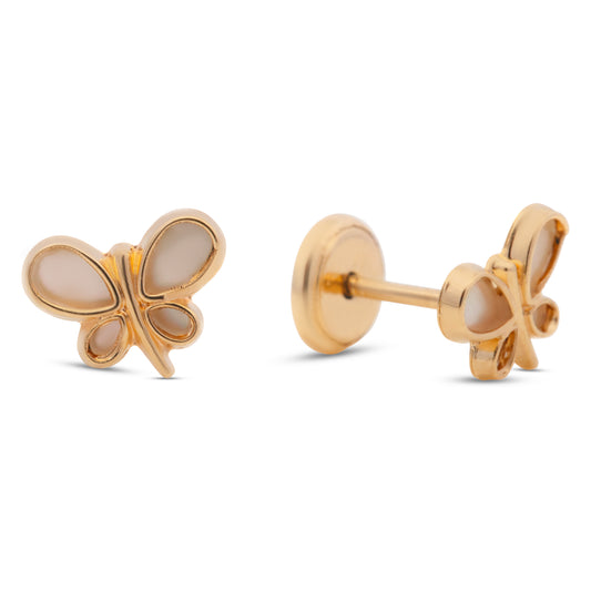 14K Yellow Gold Mother of Pearl Tilted Butterfly Screwback Earrings
