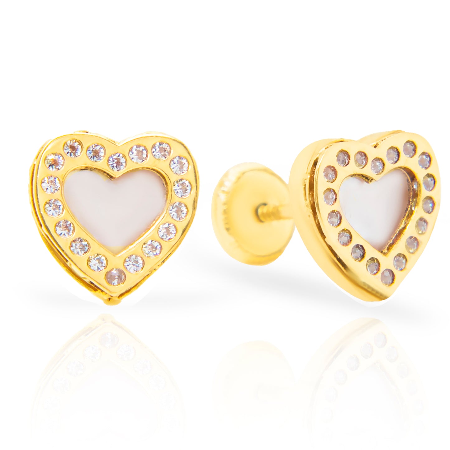 14K Yellow Gold Large Mother of Pearl Heart with CZ Accents Screwback Earrings