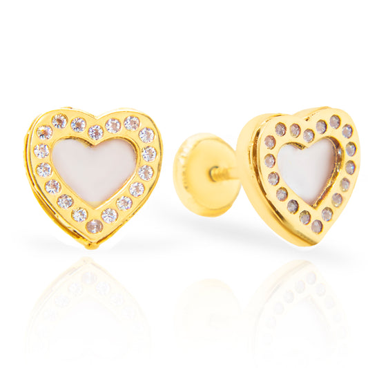 14K Yellow Gold Large Mother of Pearl Heart with CZ Accents Screwback Earrings