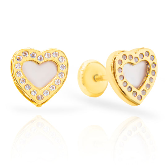 14K Yellow Gold Medium Mother of Pearl Heart with CZ Accents Screwback Earrings