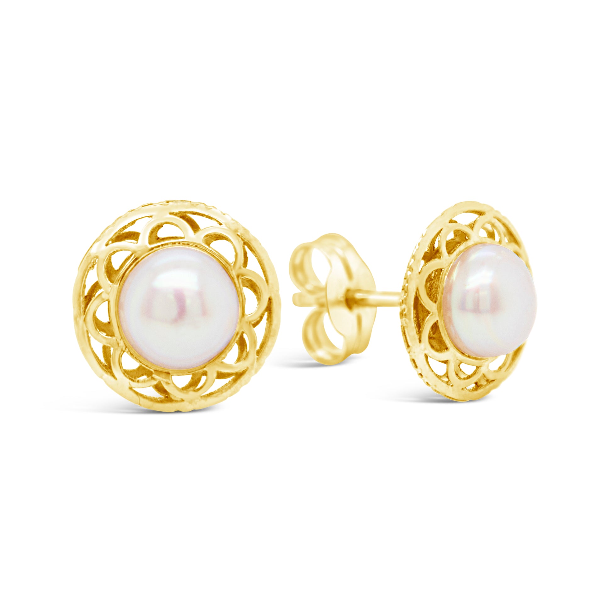 14K Yellow Gold Detailed Border Pearl Pushback Earrings