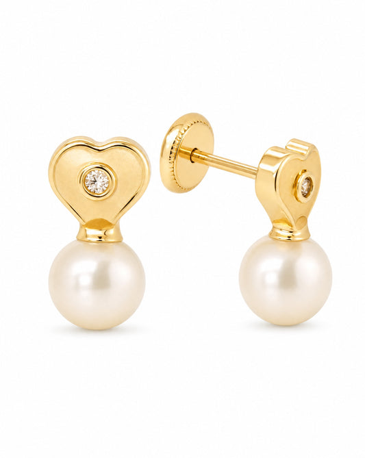 14K Yellow Gold Medium Heart with Pearl & CZ Accent Screwback Earrings-1