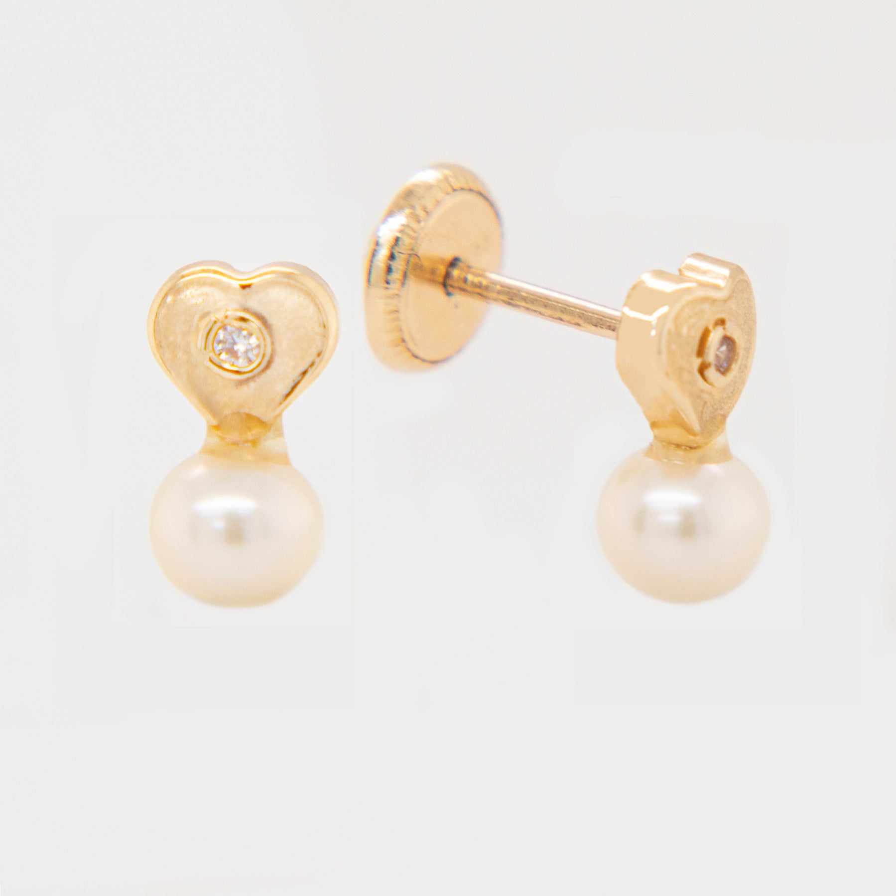 14K Yellow Gold Small Heart with Mother of Pearl & CZ Accent Screwback Earrings