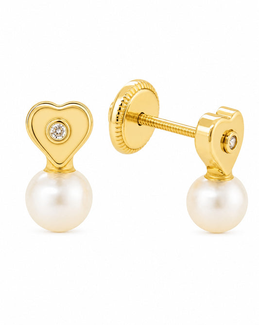 14K Yellow Gold Small Heart with Mother of Pearl & CZ Accent Screwback Earrings