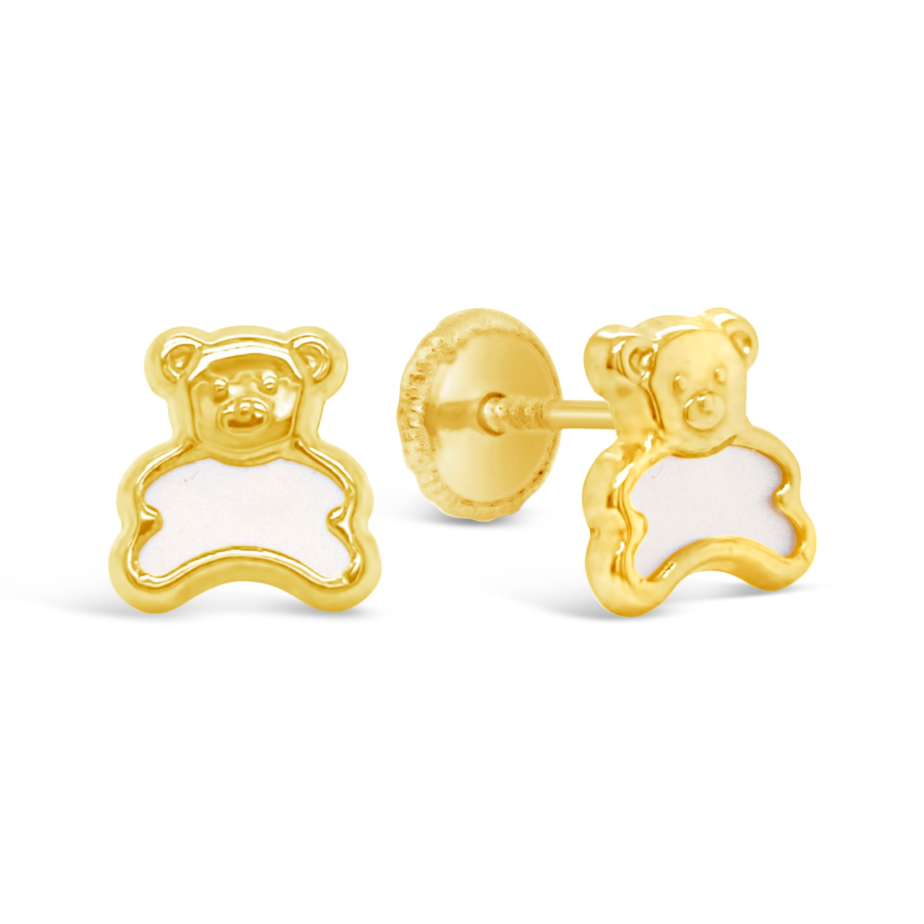 14K Yellow Gold Mother of Pearl Baby Bear Screwback Earrings