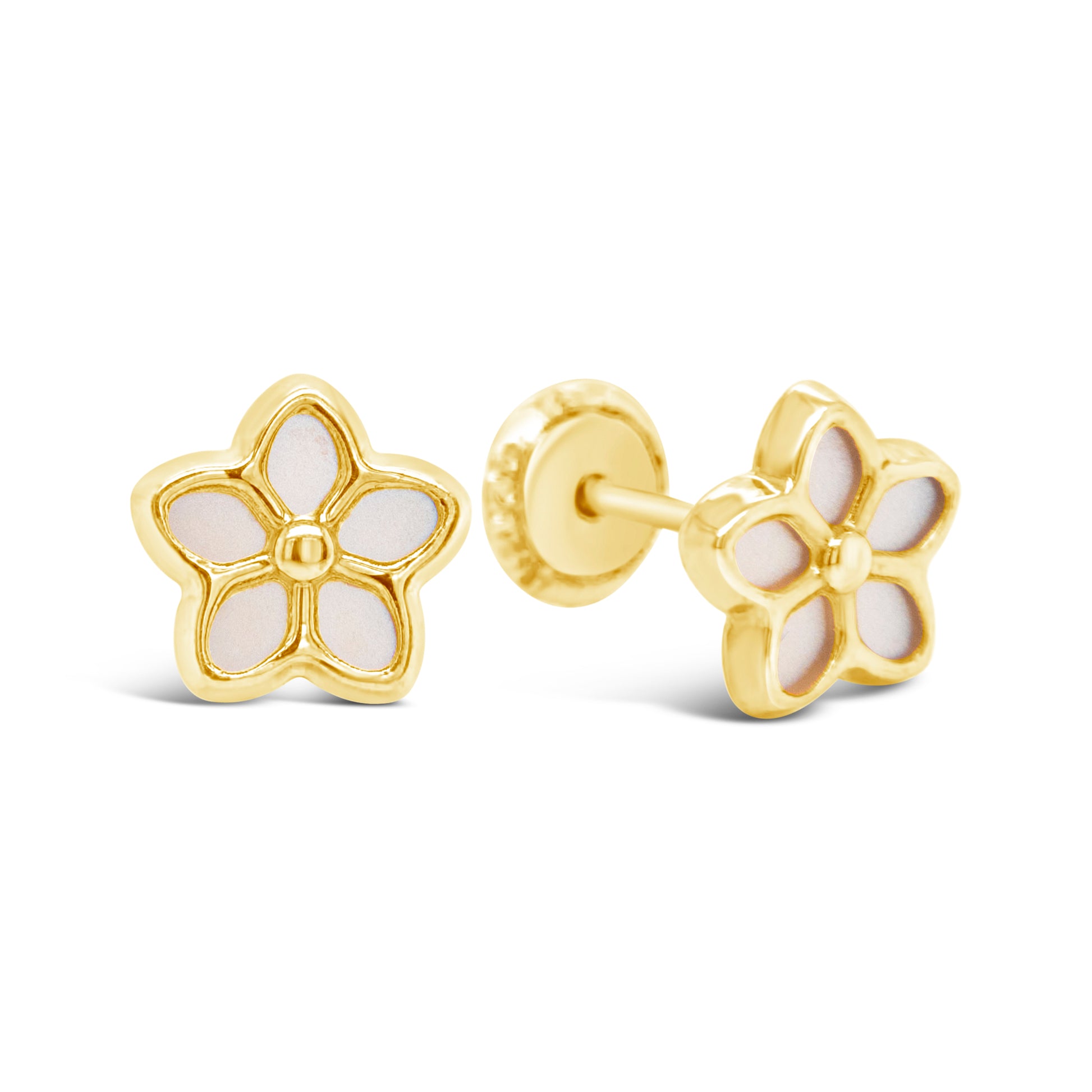 14K Yellow Gold Medium Mother of Pearl Plumeria Screwback Earrings