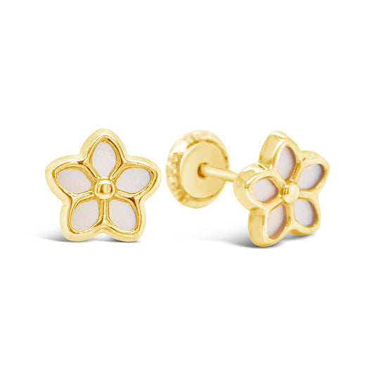 14K Yellow Gold Medium Mother of Pearl Plumeria Screwback Earrings