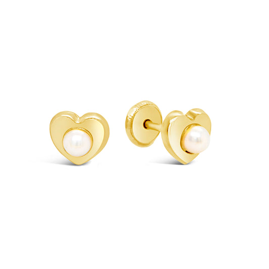 14K Yellow Gold Small Polished Heart with Pearl Center Screwback Earrings