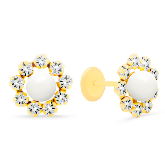 14K Yellow Gold Large CZ Flower with Pearl Center Screwback Earrings