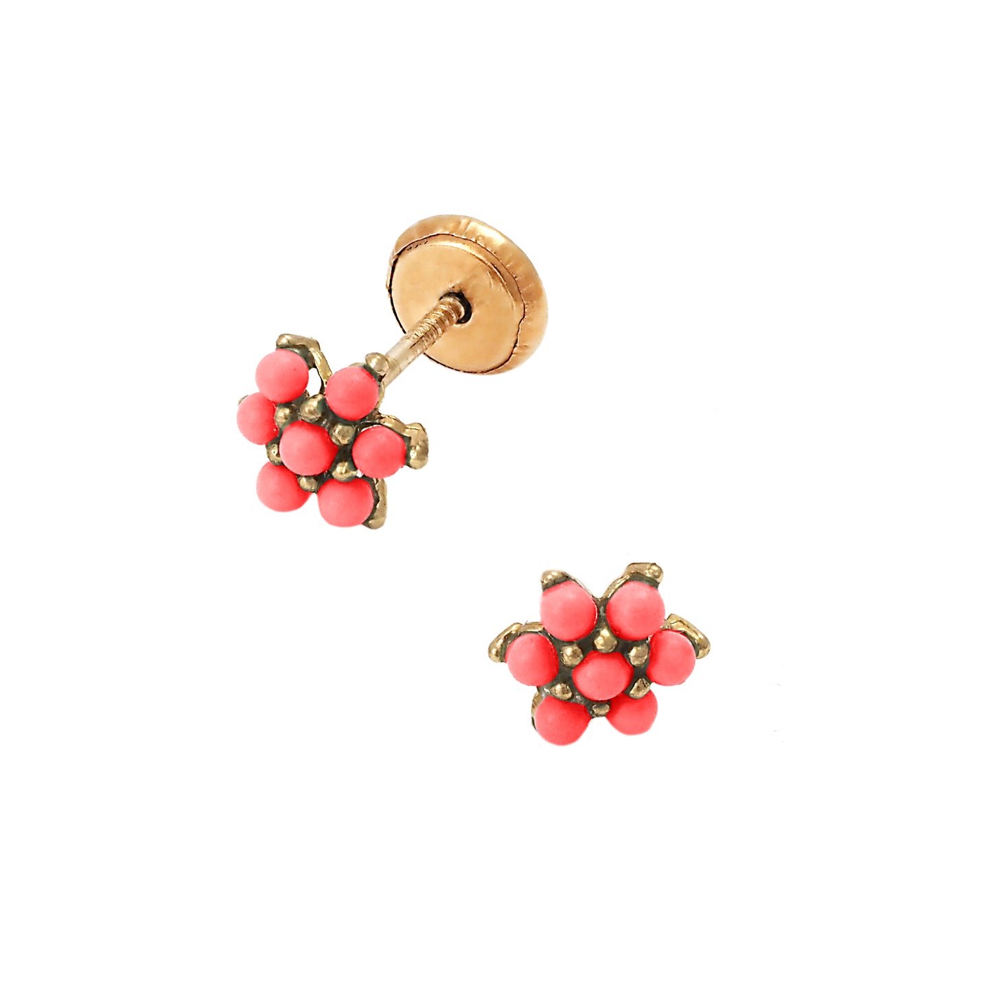 14K Yellow Gold Small Coral Flower Screwback Earrings