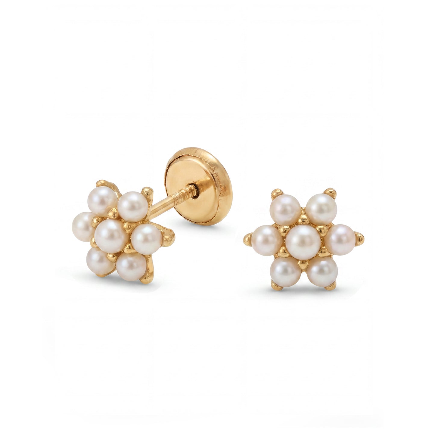 14K Yellow Gold Medium  Pearl Flower Screwback Earrings