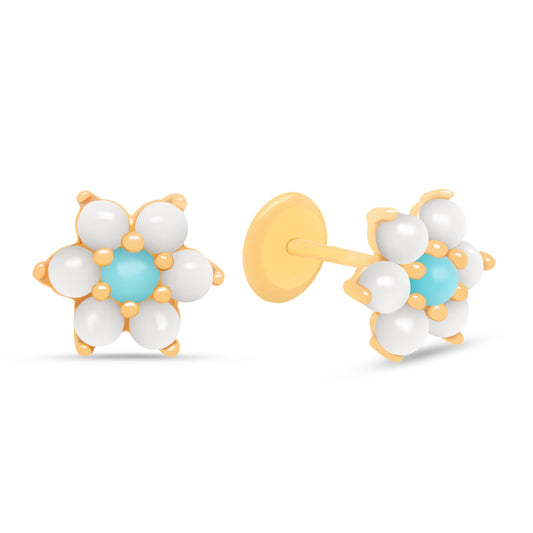 14K Yellow Gold Medium Pearl Flower with Turquoise Center Screwback Earrings