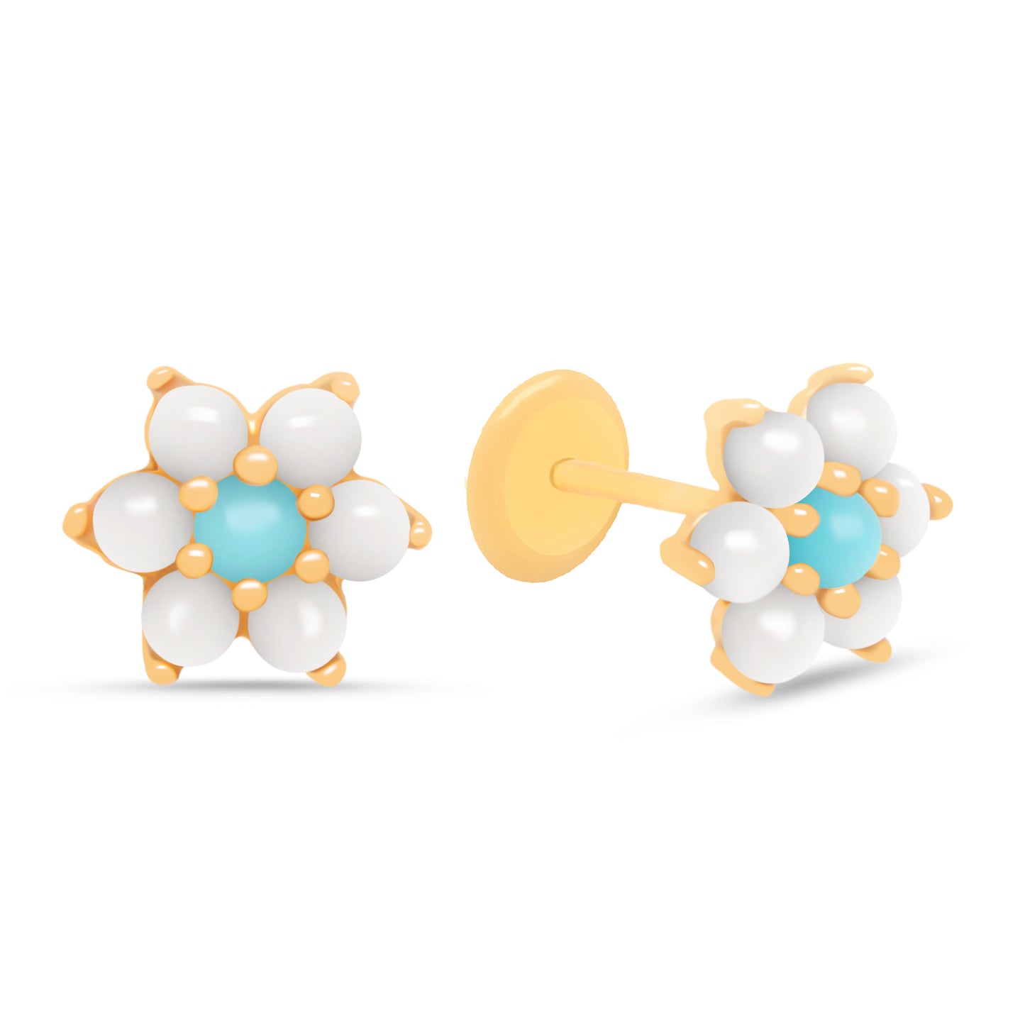 14K Yellow Gold Pearl Flower with Turquoise Center Screwback Earrings