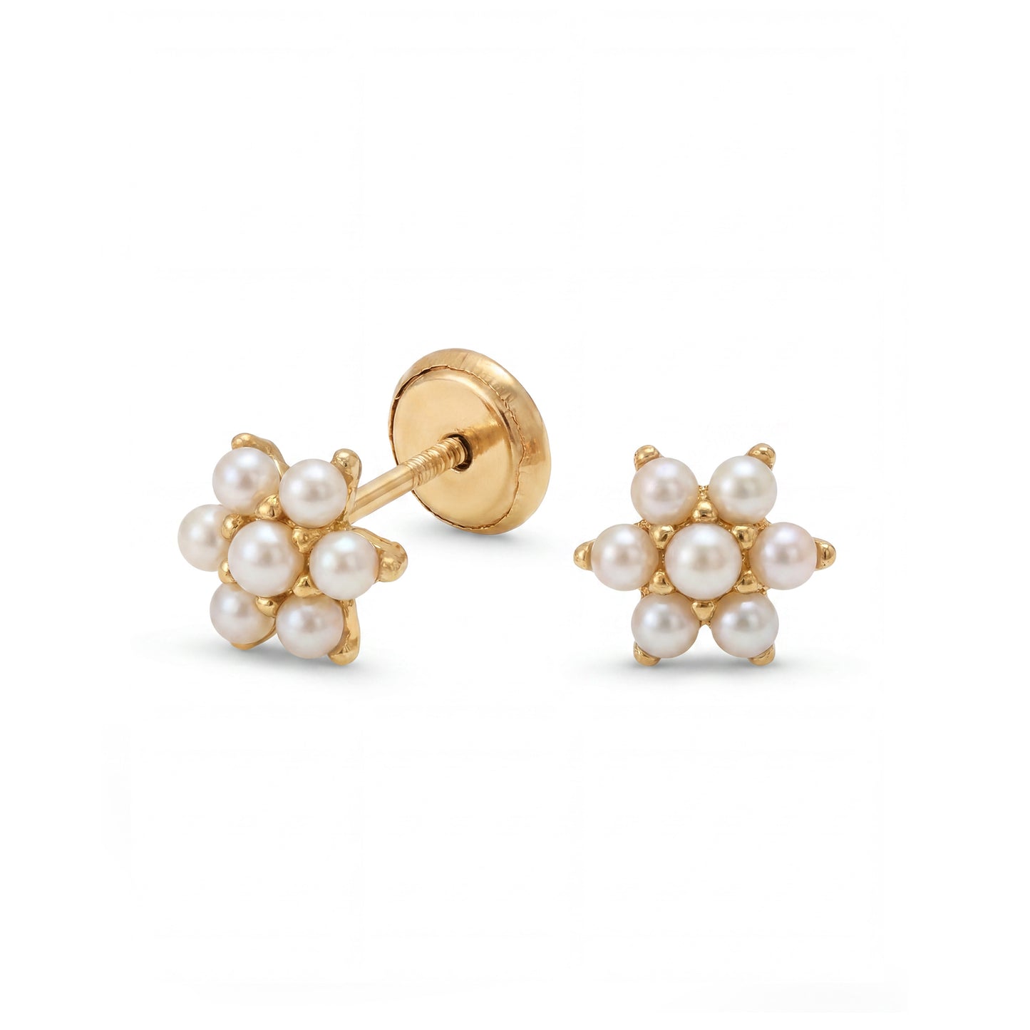 14K Yellow Gold Small Pearl Flower Screwback Earrings-1