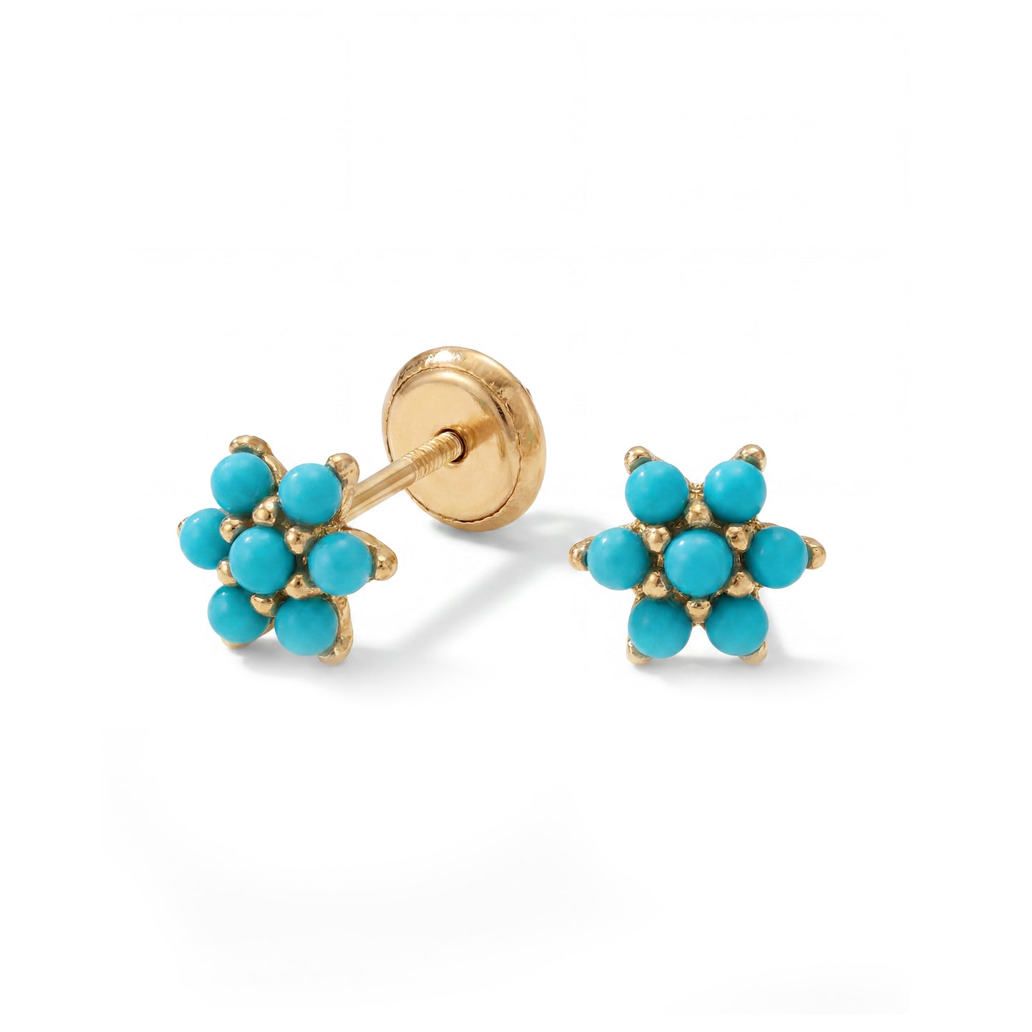14K Yellow Gold Small Turquoise Flower Screwback Earrings
